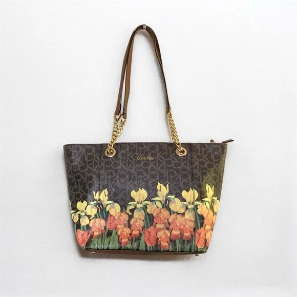 Calvin Klein Monogram Brown Floral Leather Chain Tote Bag - Picture 1 of 12